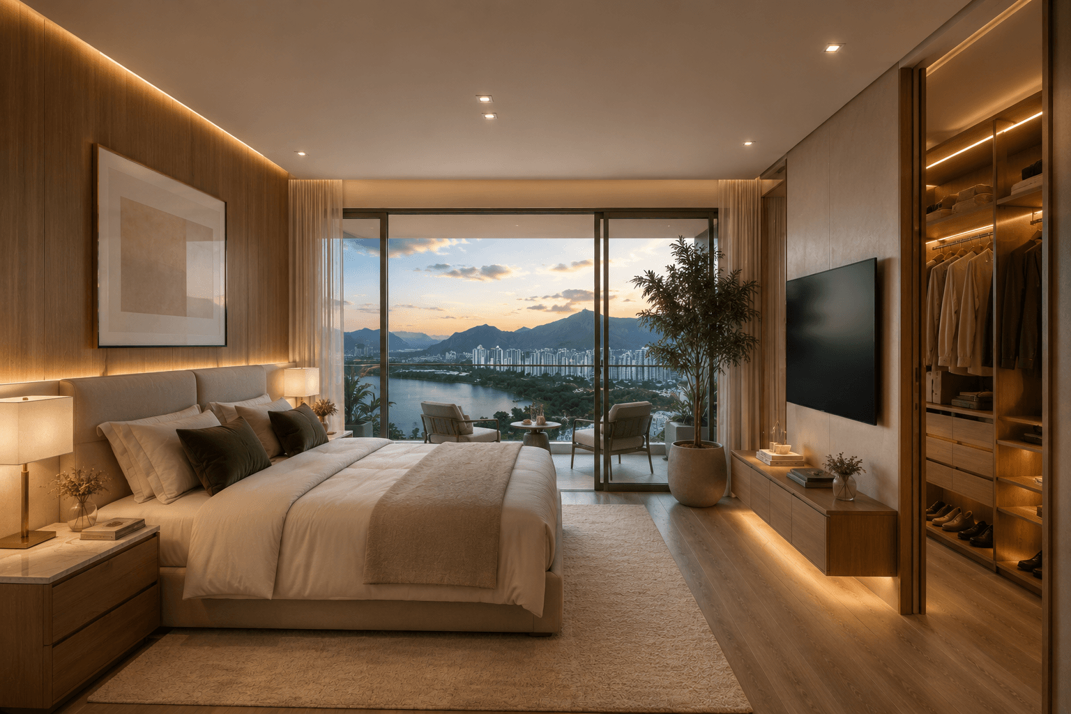 Suíte master do Kronos com closet iluminado, varanda e vista para a lagoa ao entardecer