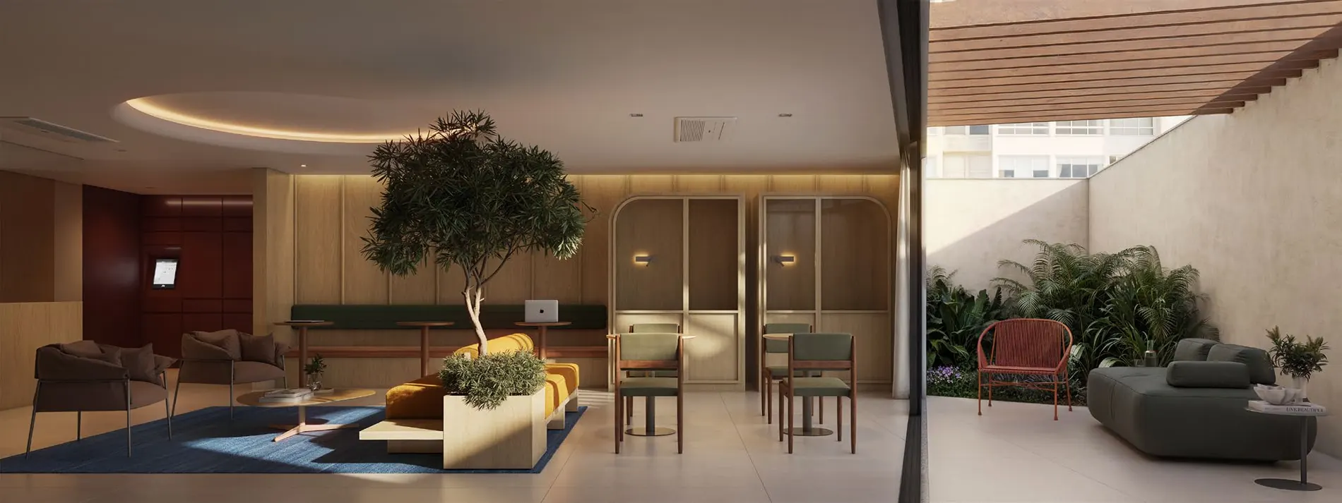 Espaço multiuso do Parque Studios integrado ao terraço externo com pergolado