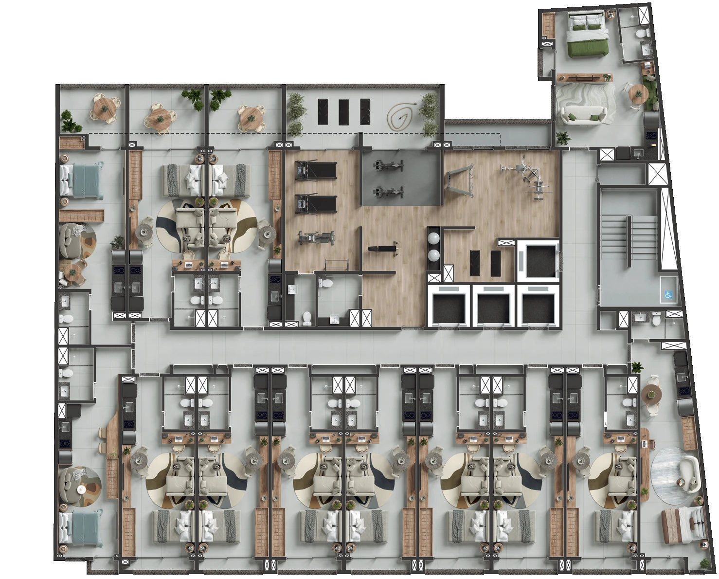 Implantação do 2º pavimento do Q Studios, com fitness e fitness externo