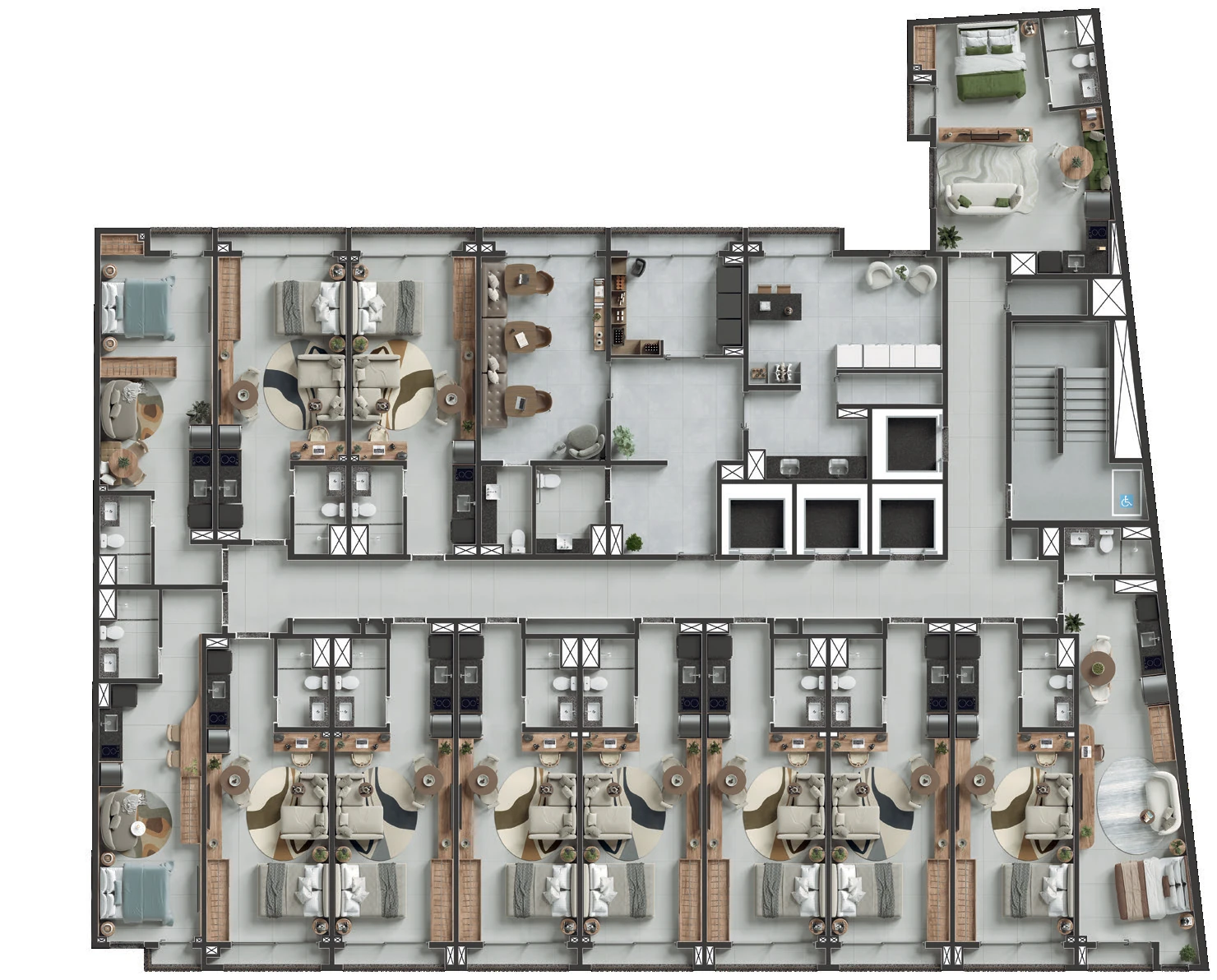 Implantação do 3º pavimento do Q Studios, com coworking, lavanderia e mini market