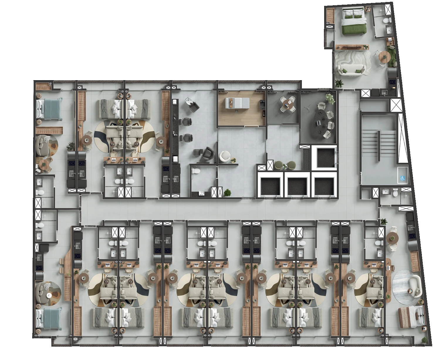 Implantação do 4º pavimento do Q Studios, com sala de reunião, podcast, massagem e beauty