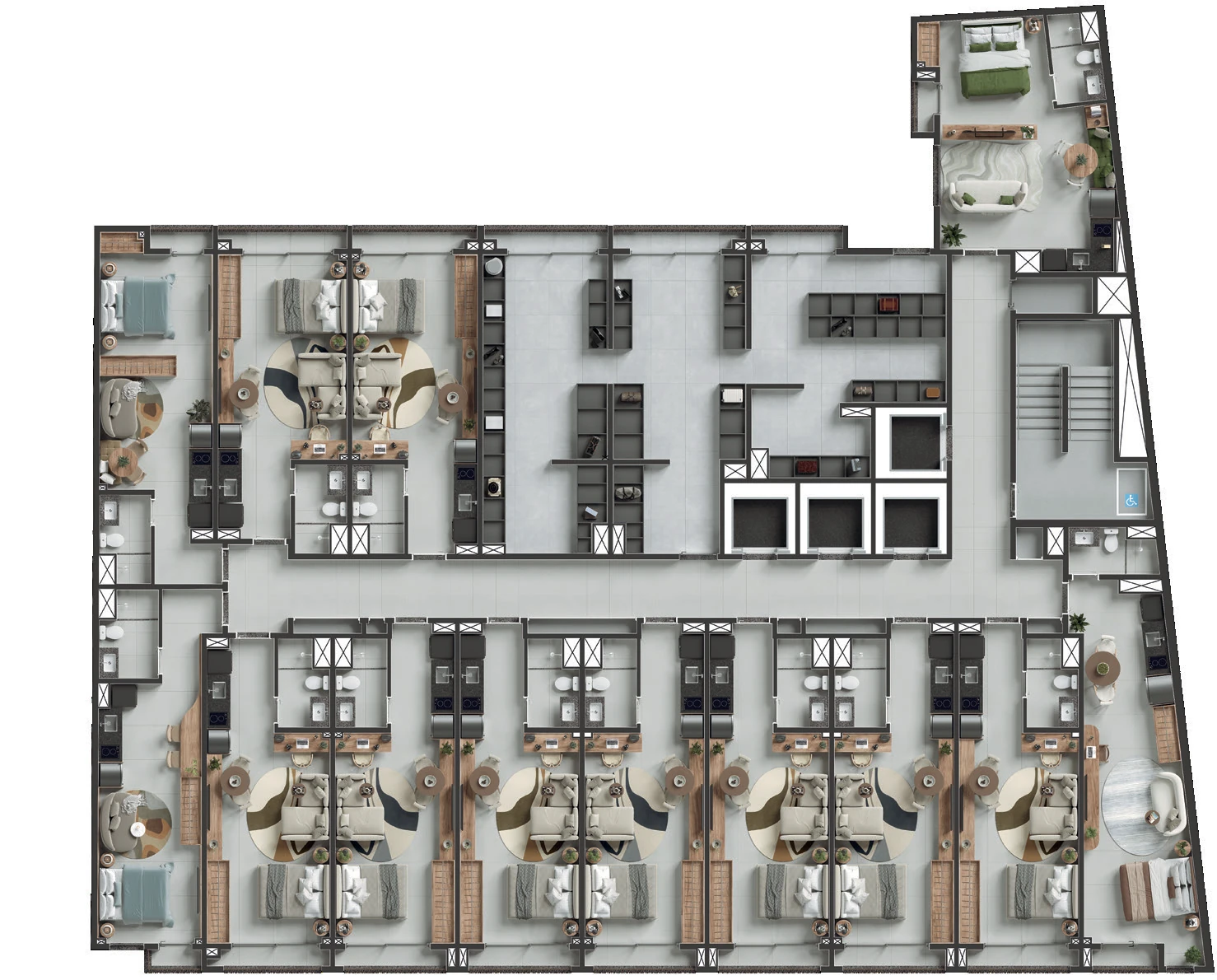 Implantação do 5º pavimento do Q Studios, com os lockers compartilhados