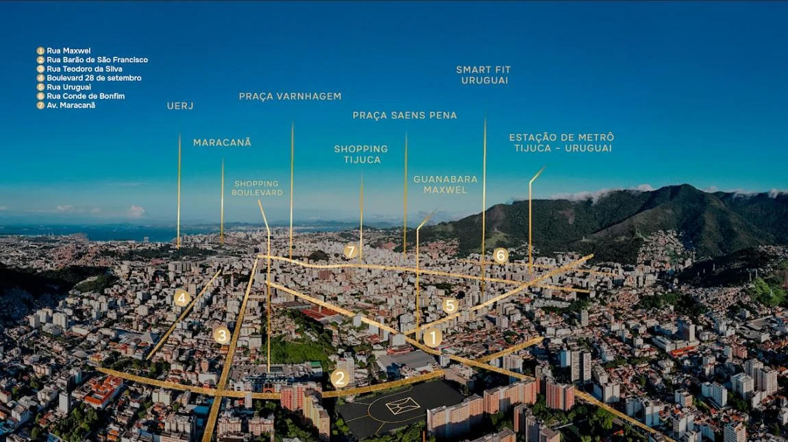 Mapa de localização aérea do Città Riva Gran Tijuca com Maracanã, UERJ, Shopping Tijuca e Metrô Uruguai