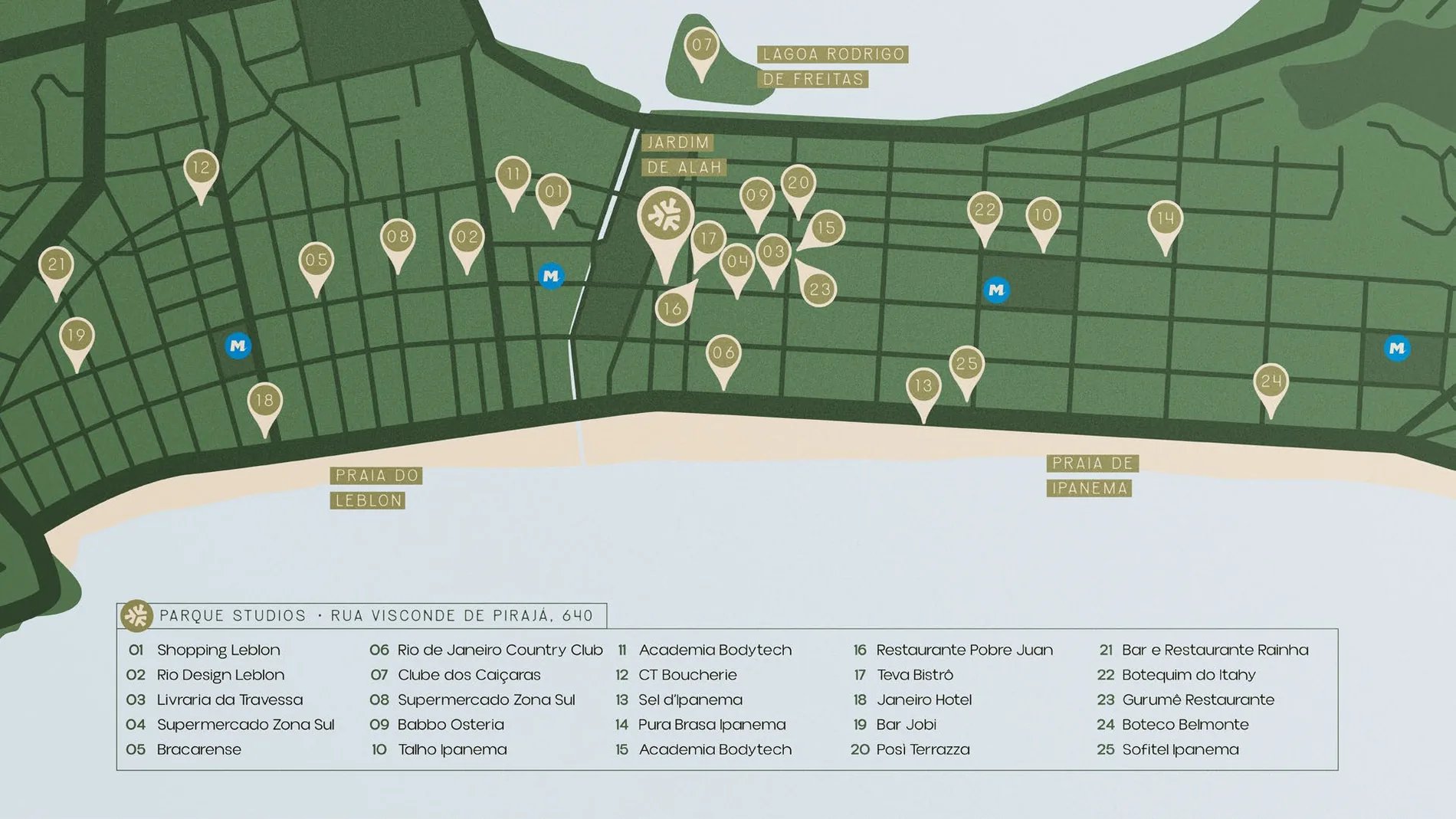 Mapa ilustrativo da região do Parque Studios entre Ipanema e Leblon, com pontos de comércio, lazer e serviços
