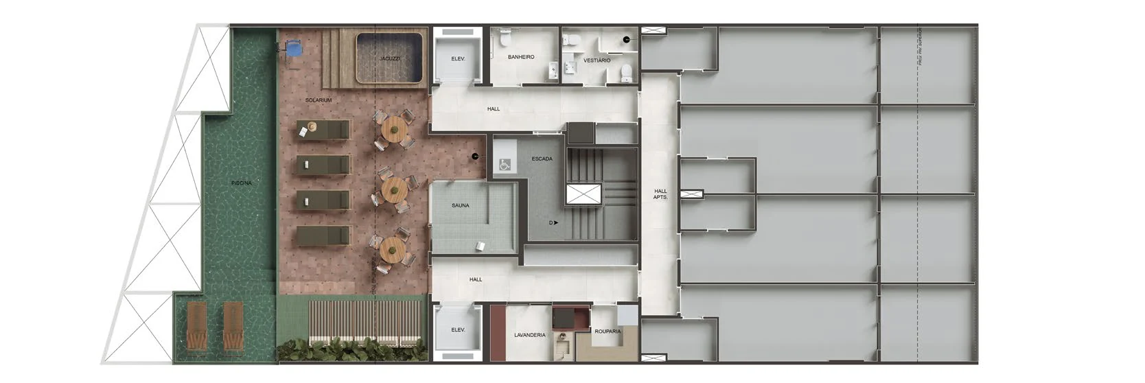 Masterplan do rooftop do Parque Studios com piscina, solarium, jacuzzi, sauna e lavanderia