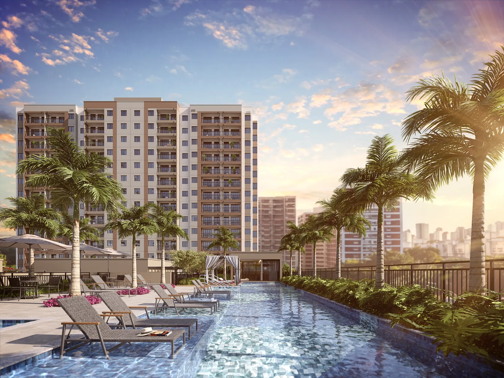 Piscina adulto com raia de 25 metros e deck molhado do Città Riva Gran Tijuca
