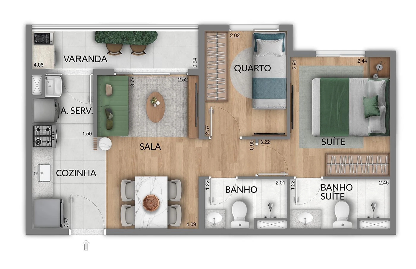Planta 2 quartos com suíte e varanda de 43m² do Renascença Residencial