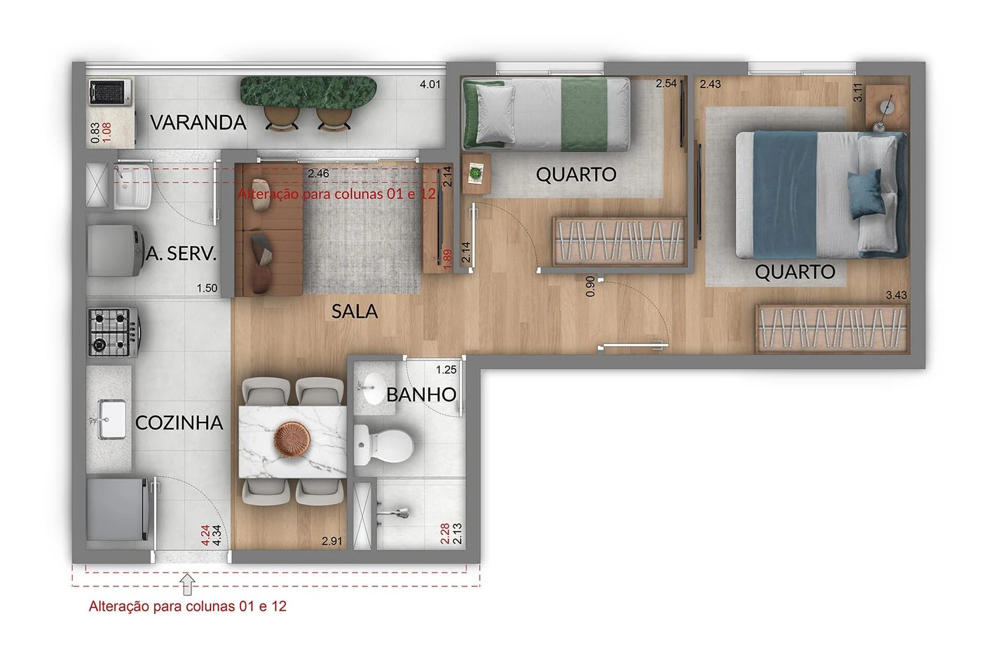 Planta 2 quartos com varanda de 39m², tipo meio, do Renascença Residencial