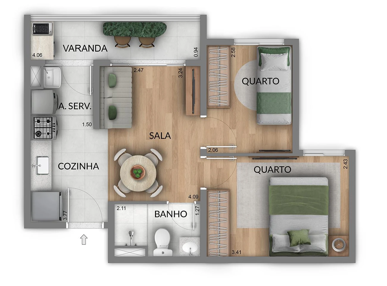 Planta 2 quartos com varanda de 39m², tipo ponta, do Renascença Residencial
