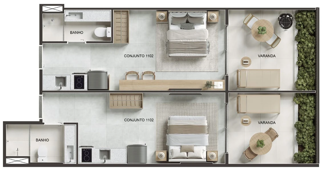 Planta da cobertura 1102 do Parque Studios, 52,37 m² privativos com varandas ajardinadas