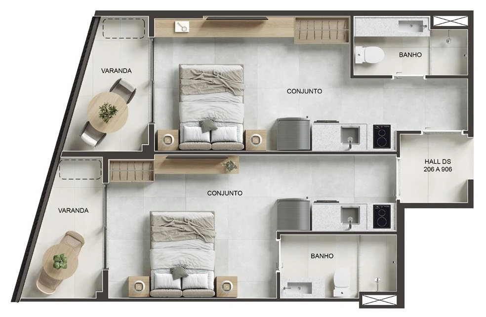 Planta do double studio coluna 06 do Parque Studios, 55,39 m² com dois conjuntos, dois banhos e duas varandas