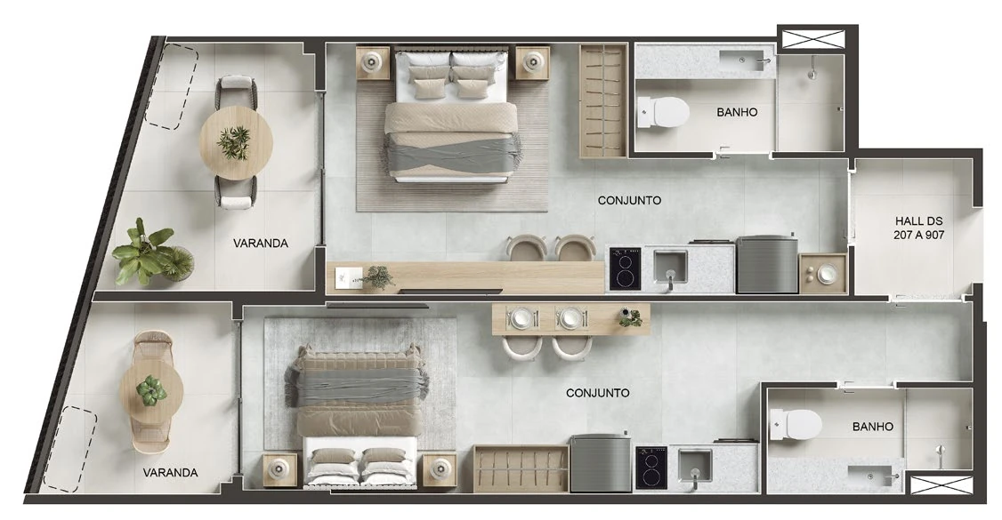 Planta do double studio coluna 07 do Parque Studios, 59,79 m² com dois conjuntos e duas varandas