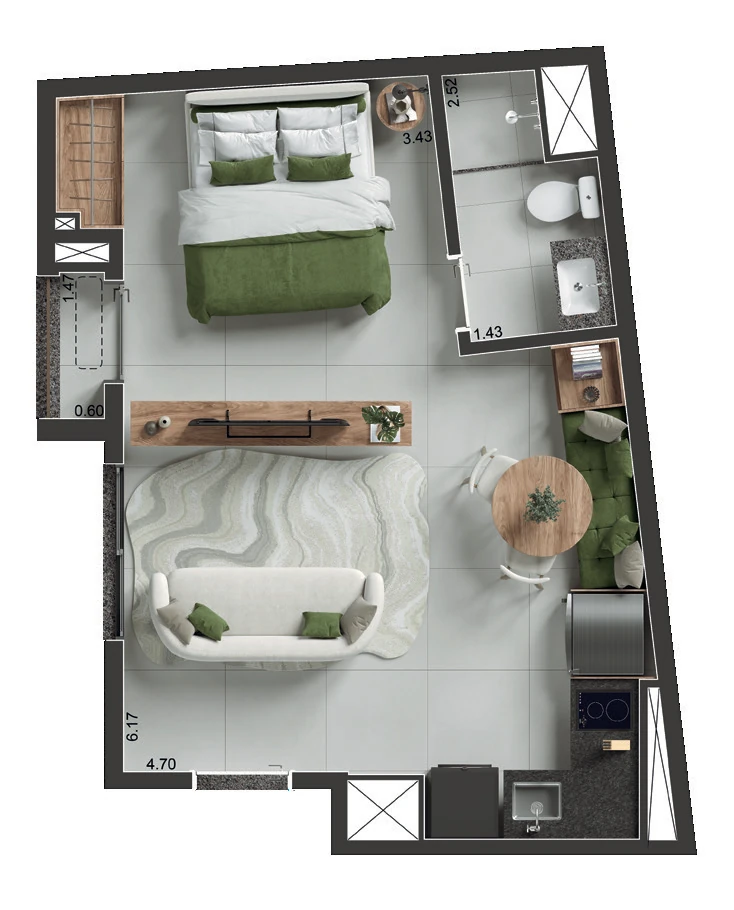 Planta do studio Final 01 do Q Studios, com 34,94 metros quadrados, no pavimento tipo