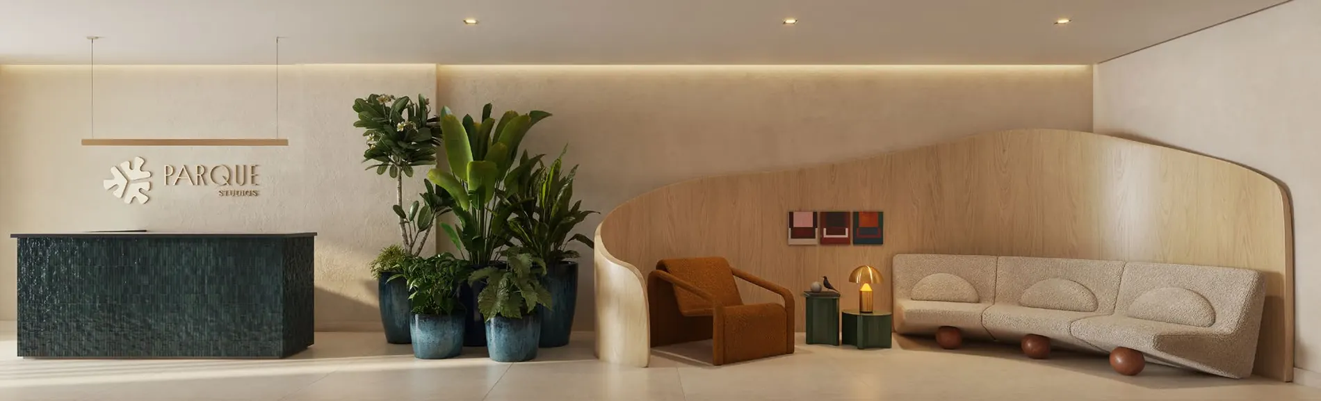 Portaria e lobby do Parque Studios com marcenaria curva e vegetação