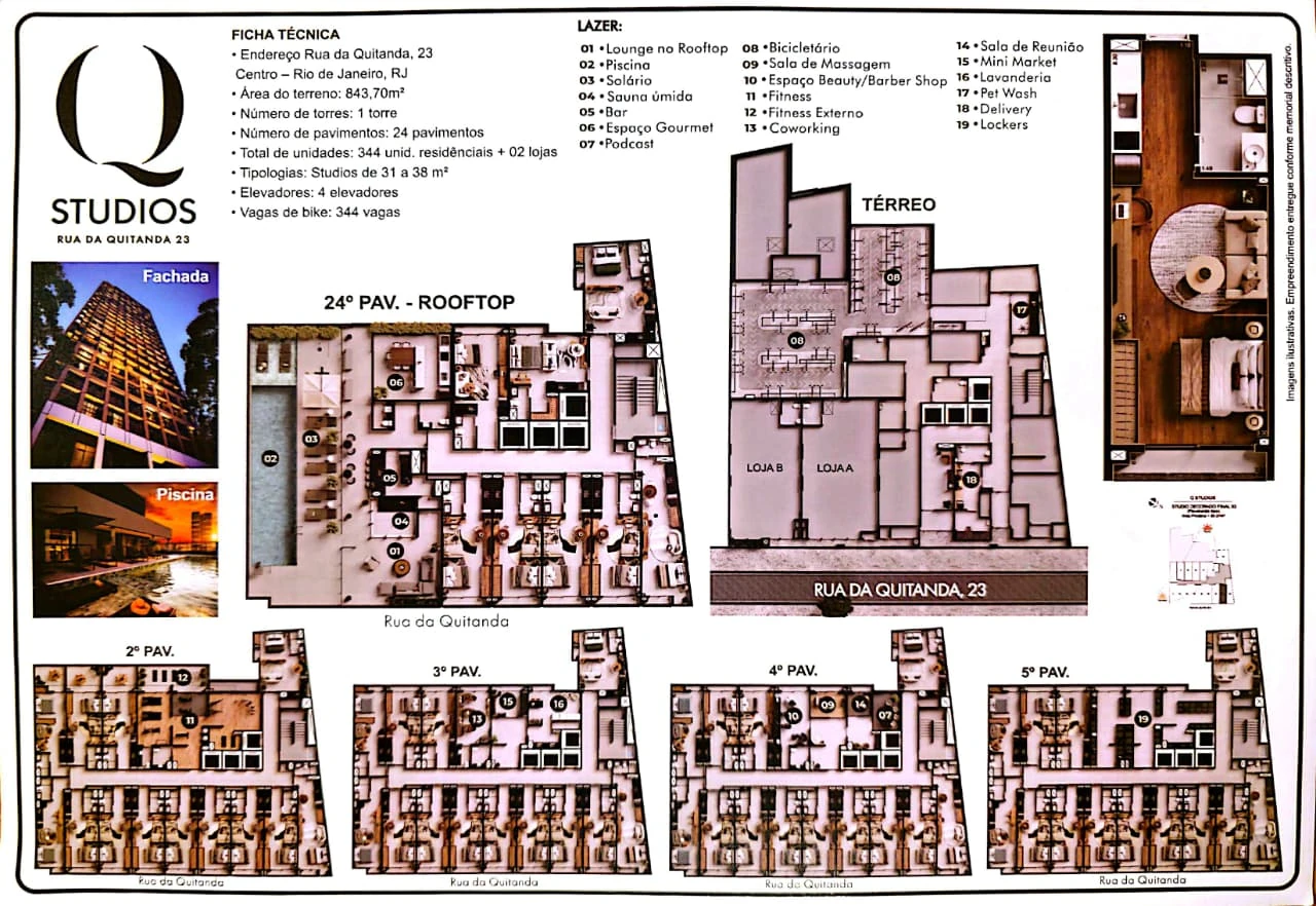 Prancha de ficha técnica e lazer do Q Studios, com implantação do térreo, do 2º ao 5º pavimento e do rooftop