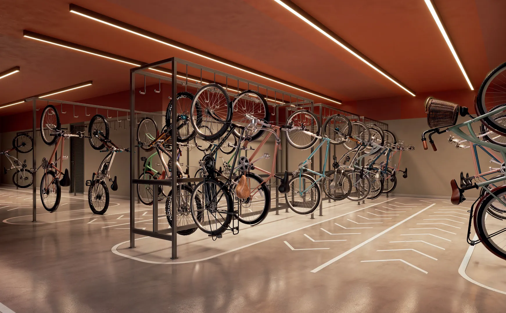 Bicicletário do Q Studios, no térreo, com 344 vagas e previsão de recarga para bike elétrica