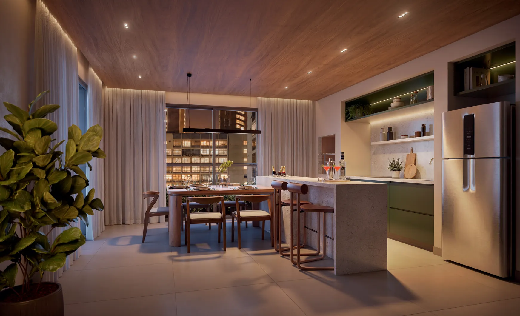 Espaço gourmet do rooftop do Q Studios, com bancada, adega e mesa de refeições