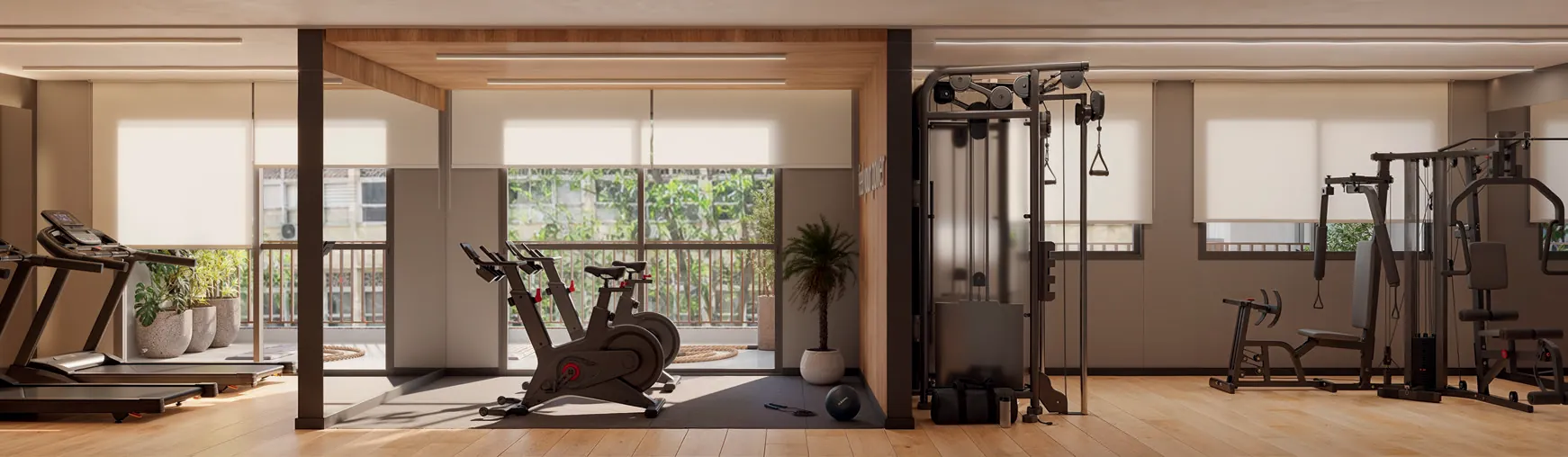 Academia do Q Studios, no 2º pavimento, com equipamentos de musculação e cardio