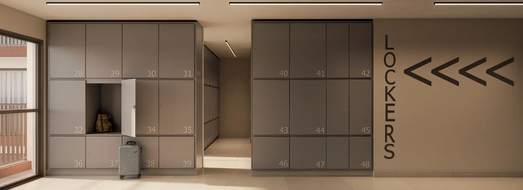 Lockers compartilhados do Q Studios, no 5º pavimento, para malas e itens de uso esporádico