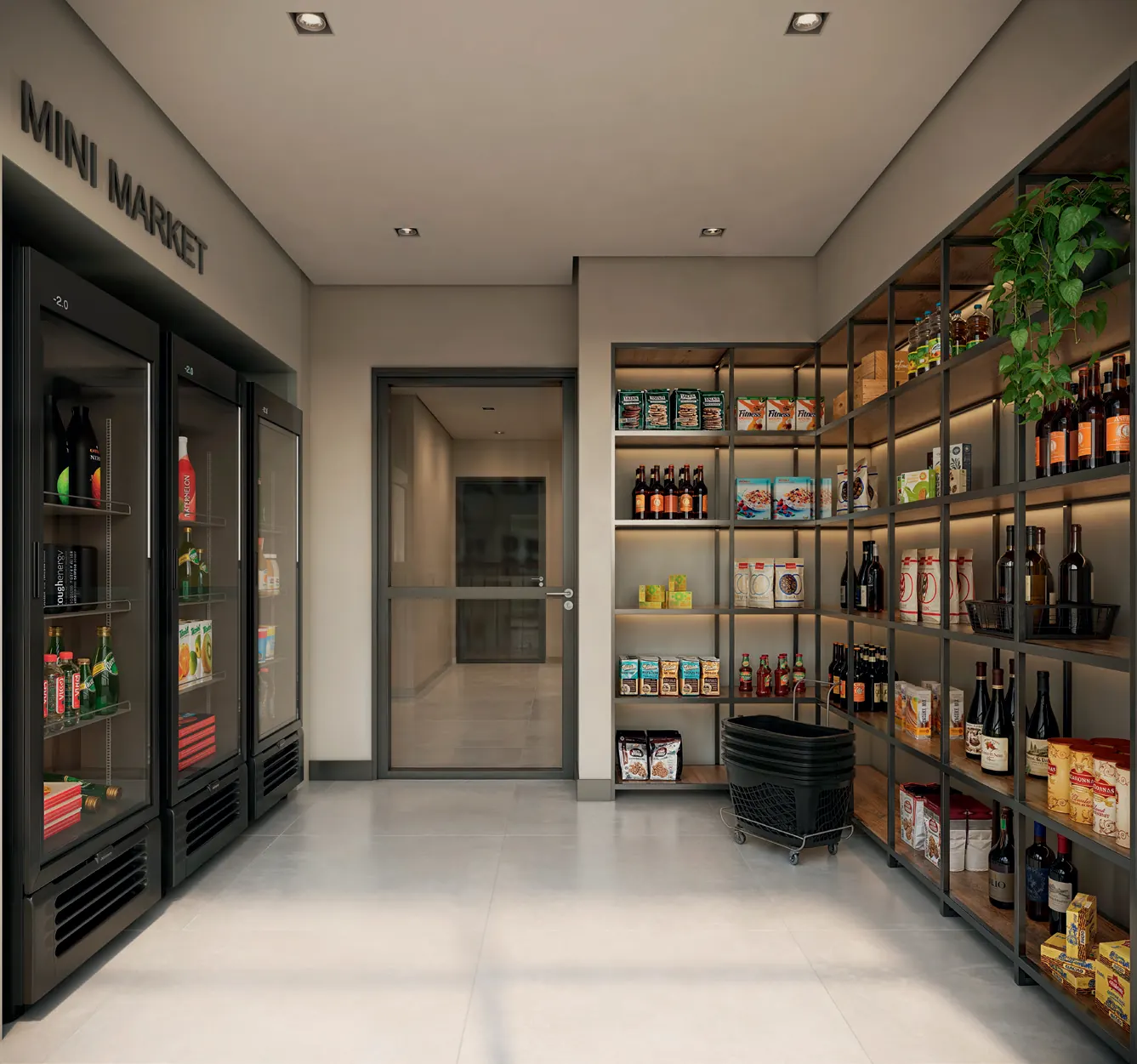 Mini market do Q Studios, no 3º pavimento, com prateleiras de conveniência