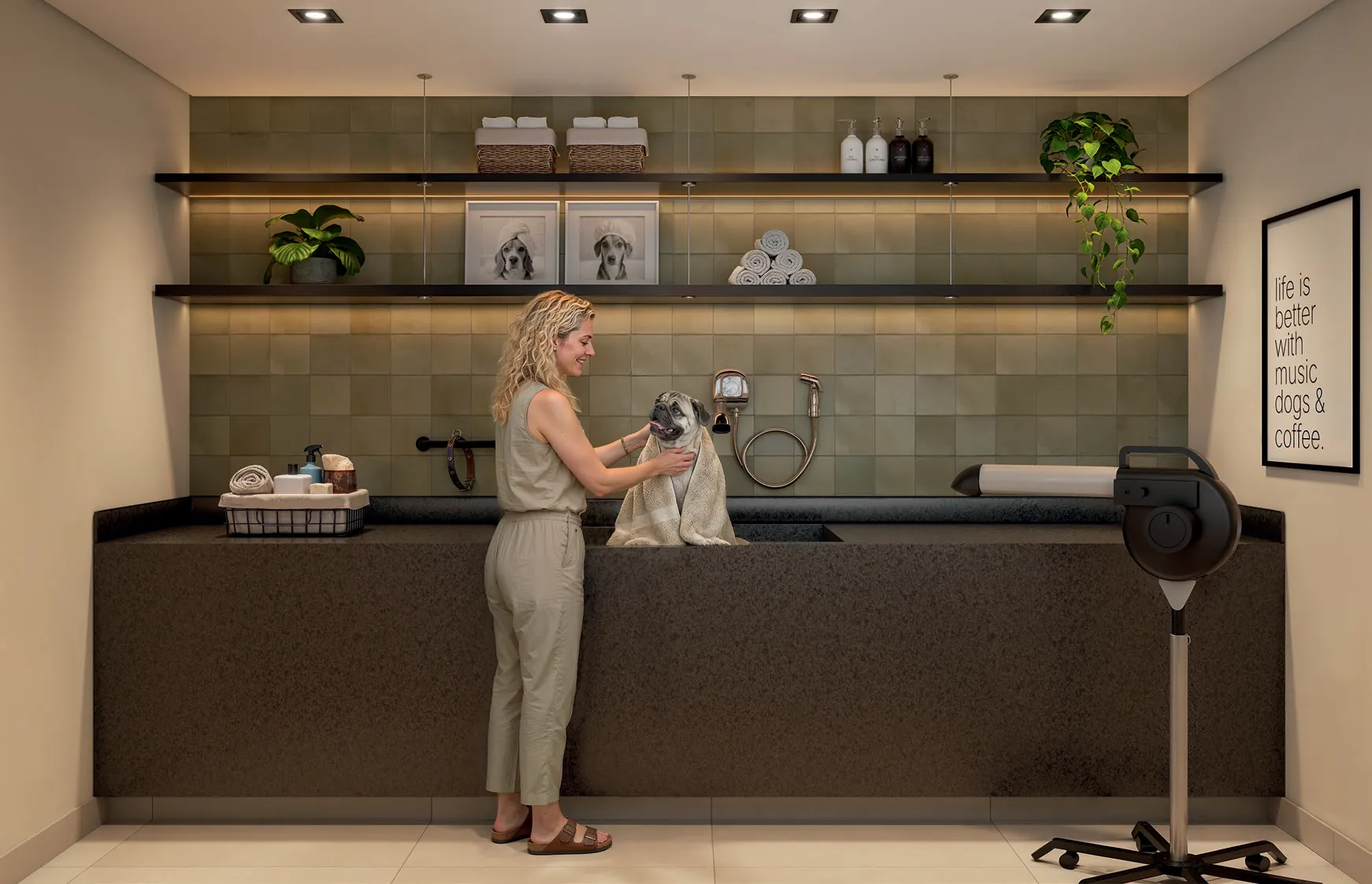 Pet wash do Q Studios, no térreo, com bancada de banho para animais