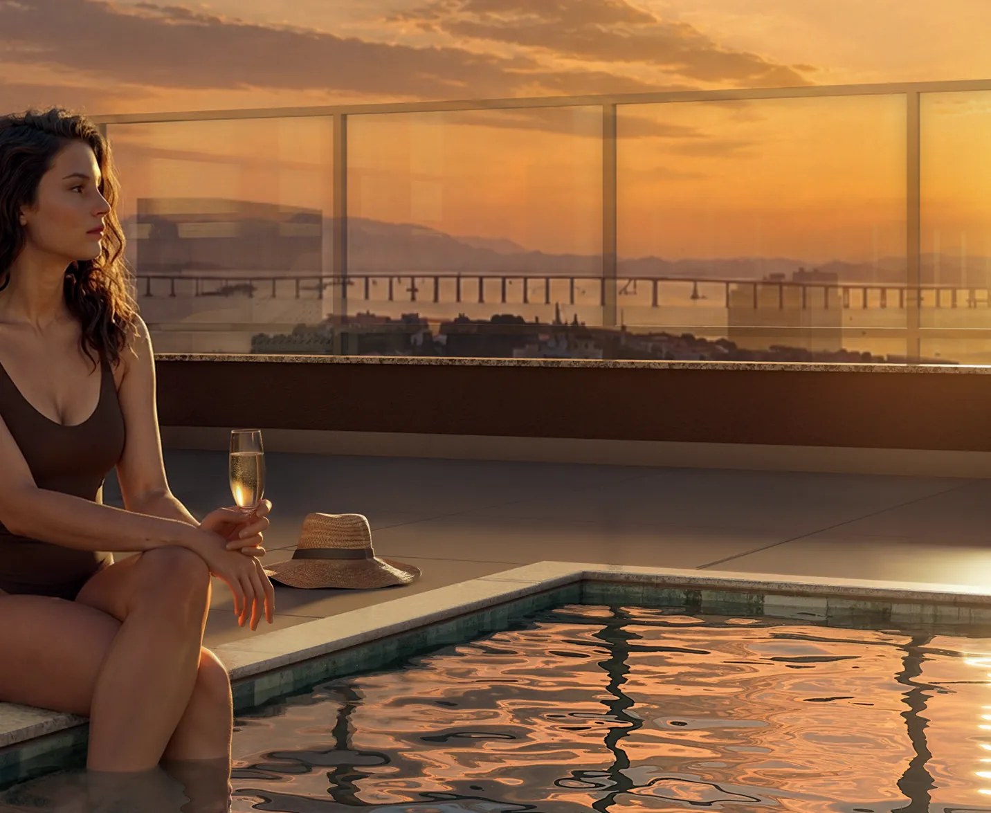 Piscina do rooftop do Q Studios com vista para a Baía de Guanabara ao entardecer