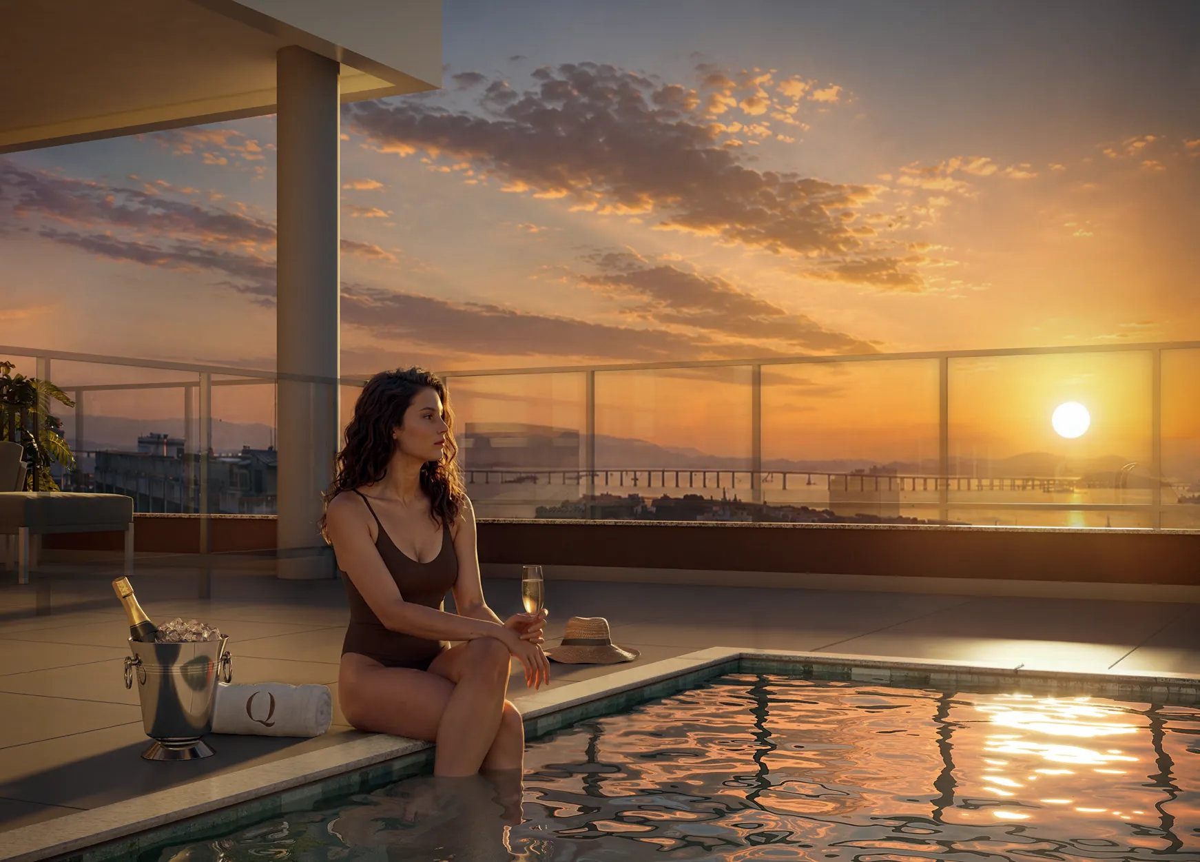 Rooftop do Q Studios ao pôr do sol, com piscina virada para a Baía de Guanabara