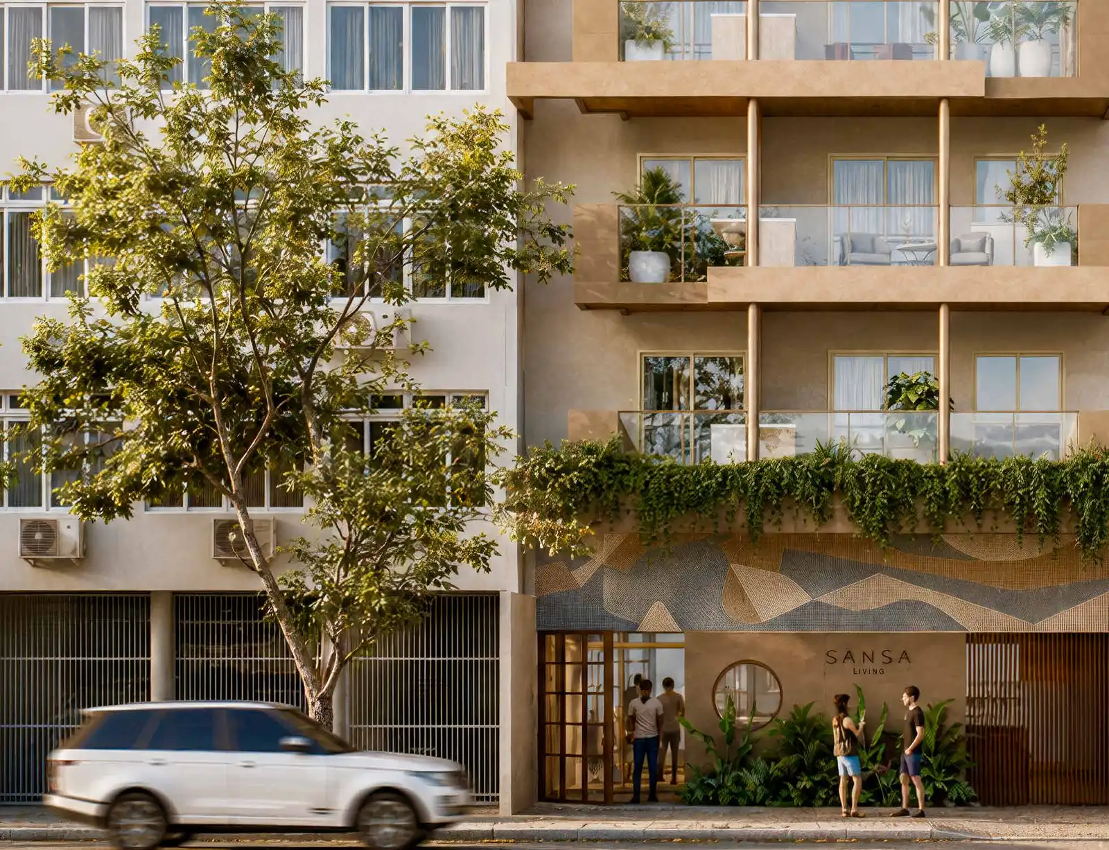 Perspectiva ilustrativa da fachada do Sansa Living, edifício residencial de 8 pavimentos na Rua São Salvador, 45, entre o Flamengo e Laranjeiras, no Rio de Janeiro