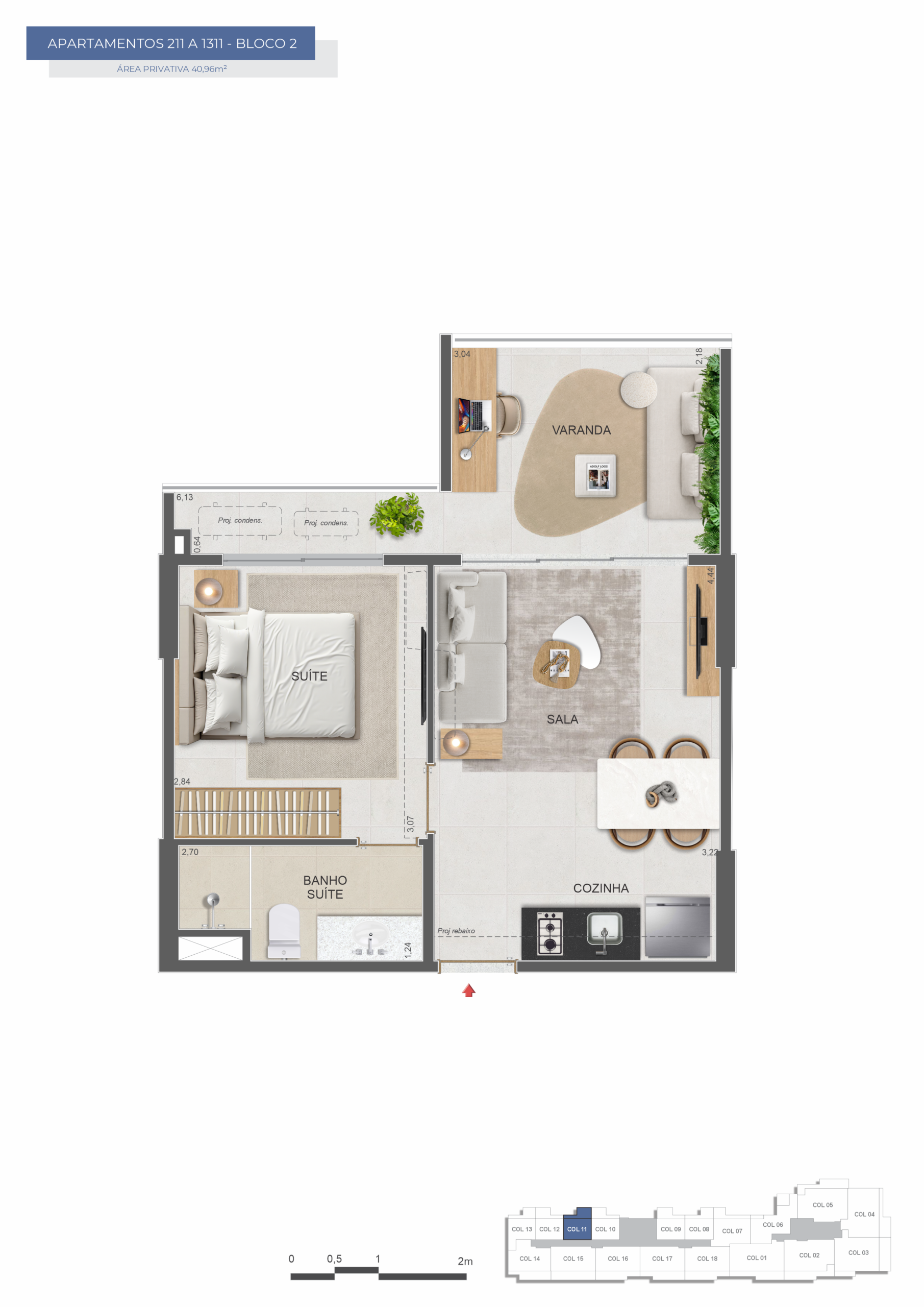 Planta do apartamento de 1 quarto de 40,96 m² do Symphony Flamengo