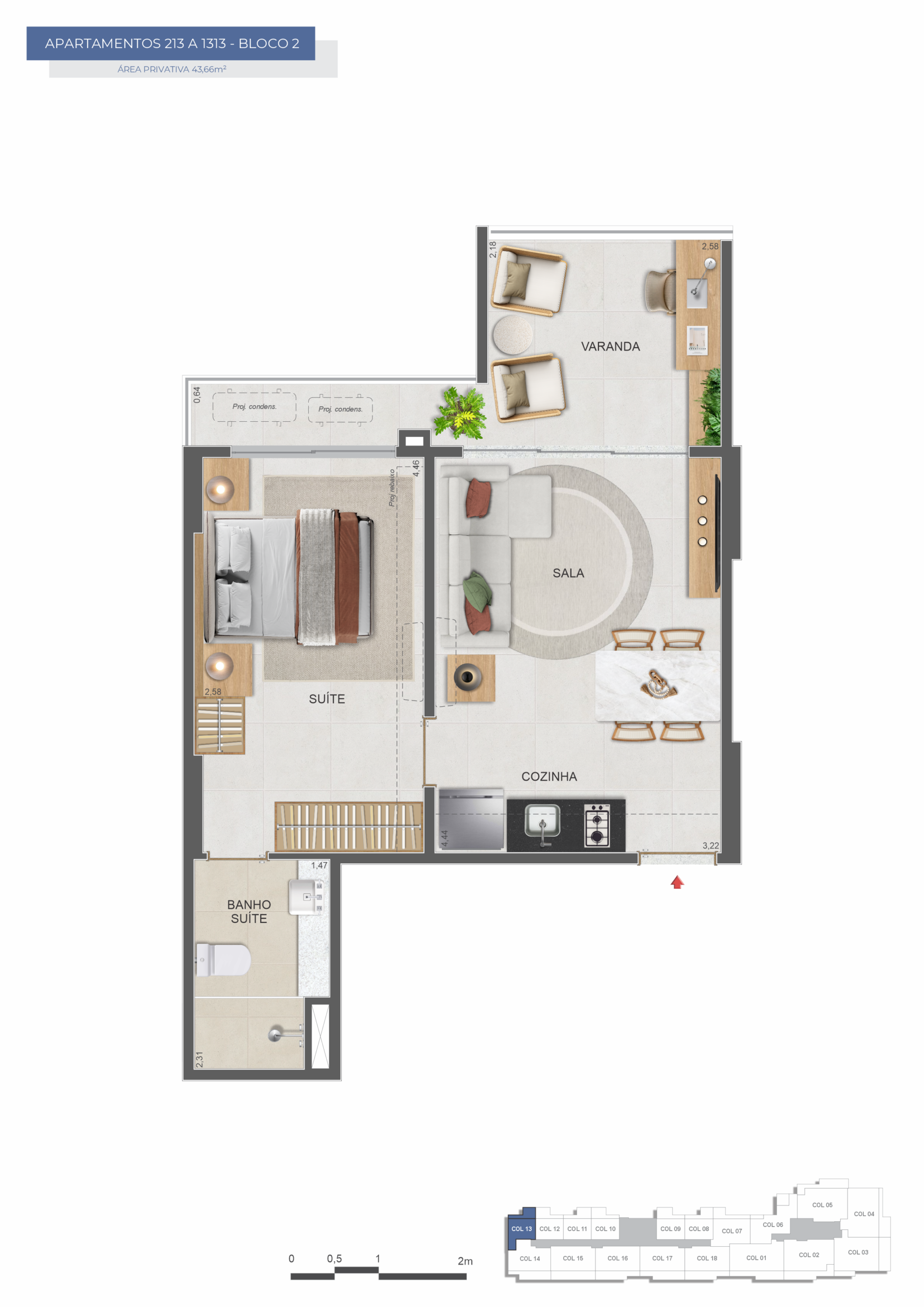 Planta do apartamento de 1 quarto de 43,66 m² do Symphony Flamengo