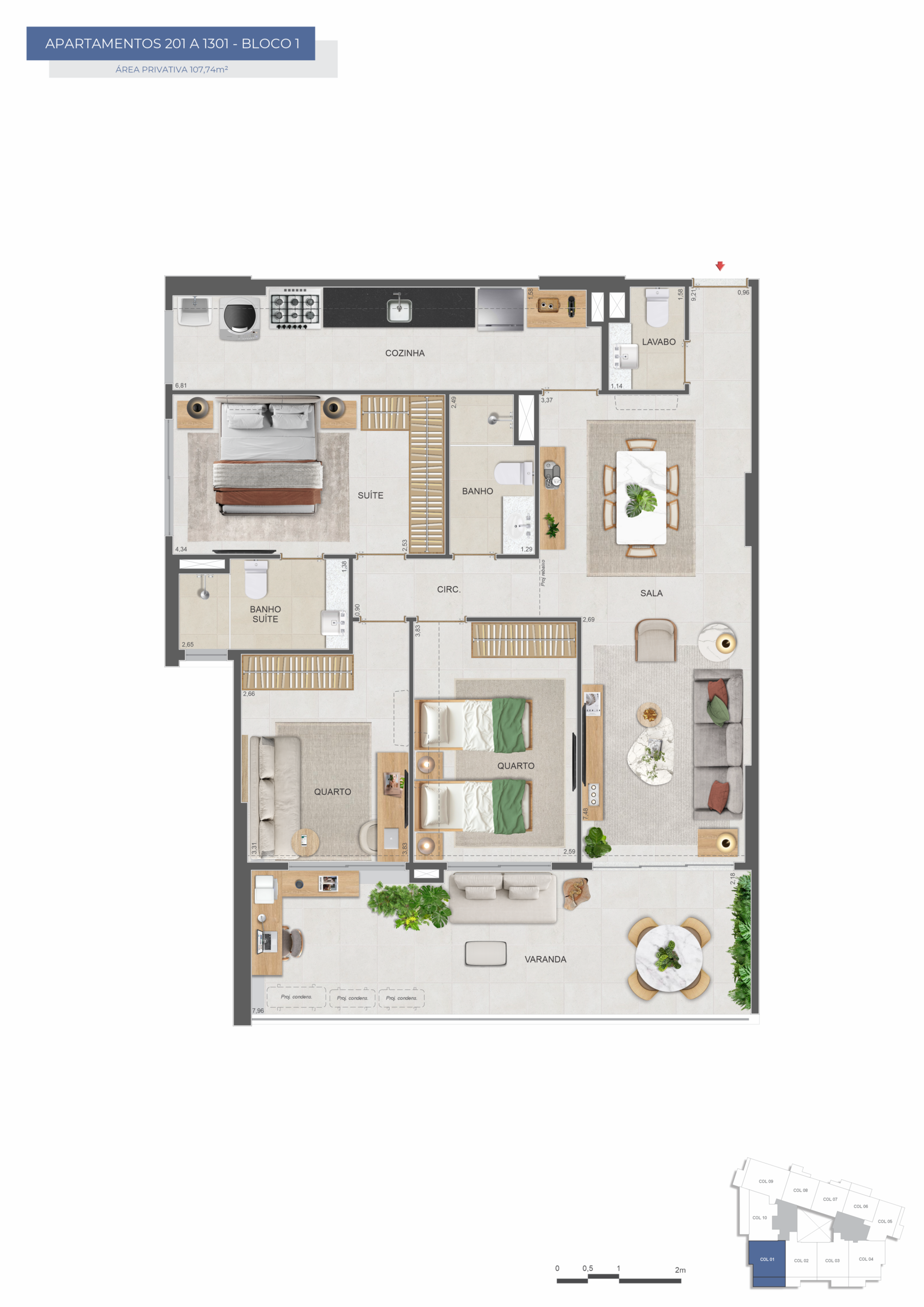 Planta do apartamento de 2 quartos de 62,20 m² do Symphony Flamengo