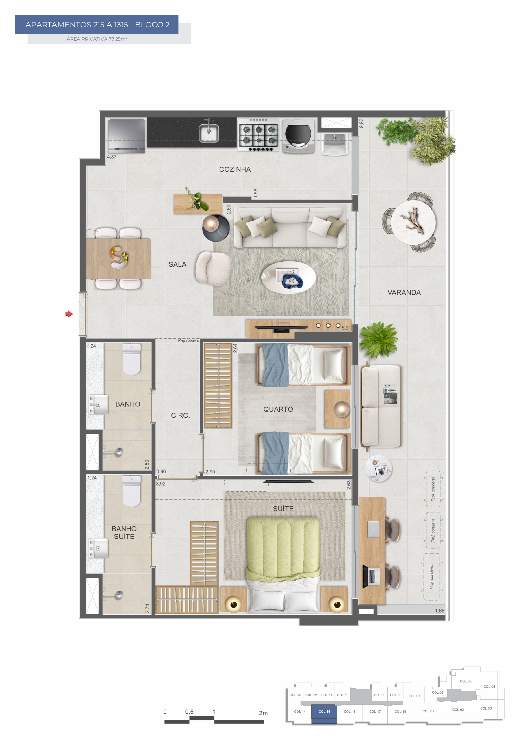 Planta do apartamento de 2 quartos de 77,25 m² do Symphony Flamengo