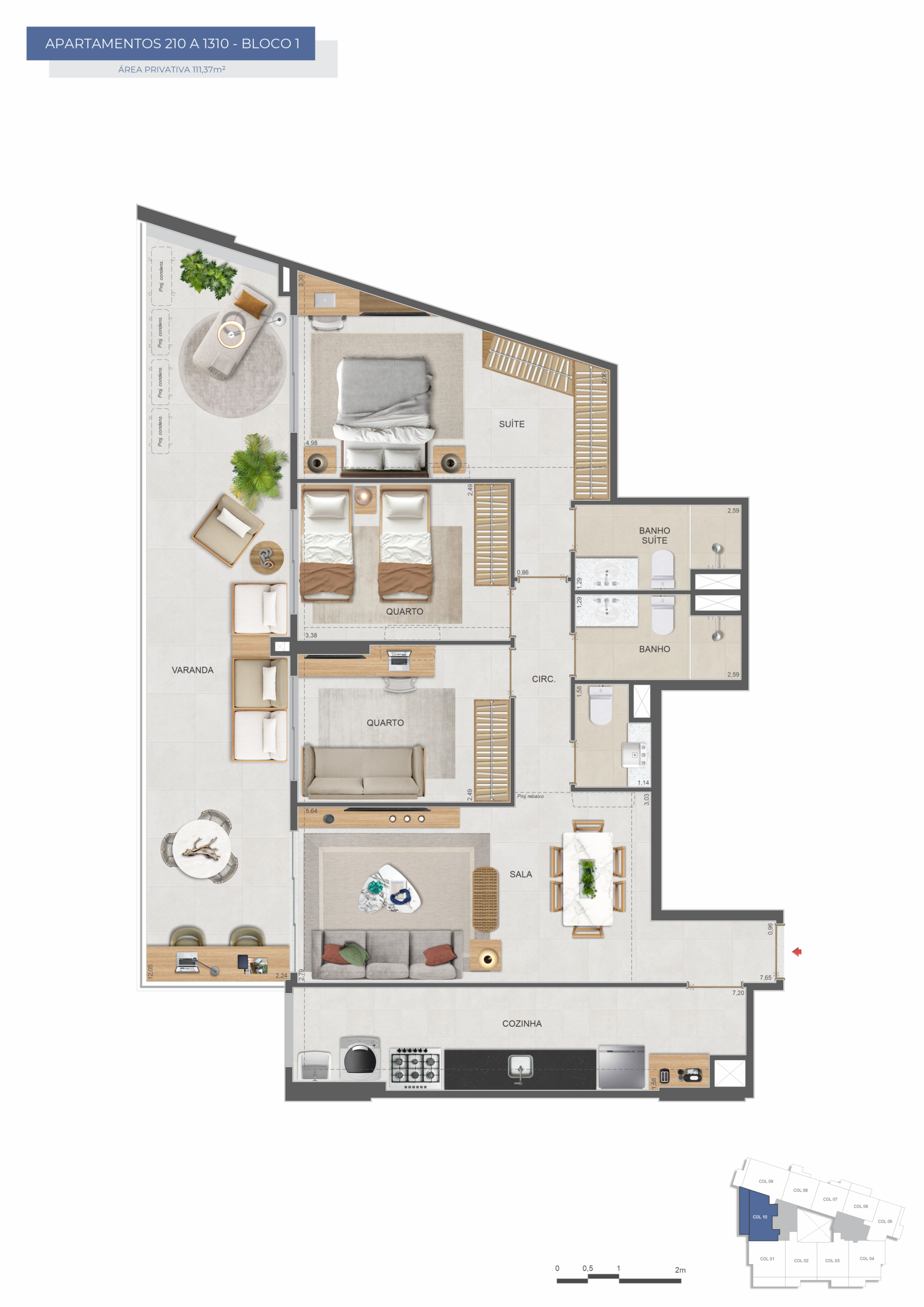 Planta do apartamento de 3 quartos de 111,37 m² do Symphony Flamengo