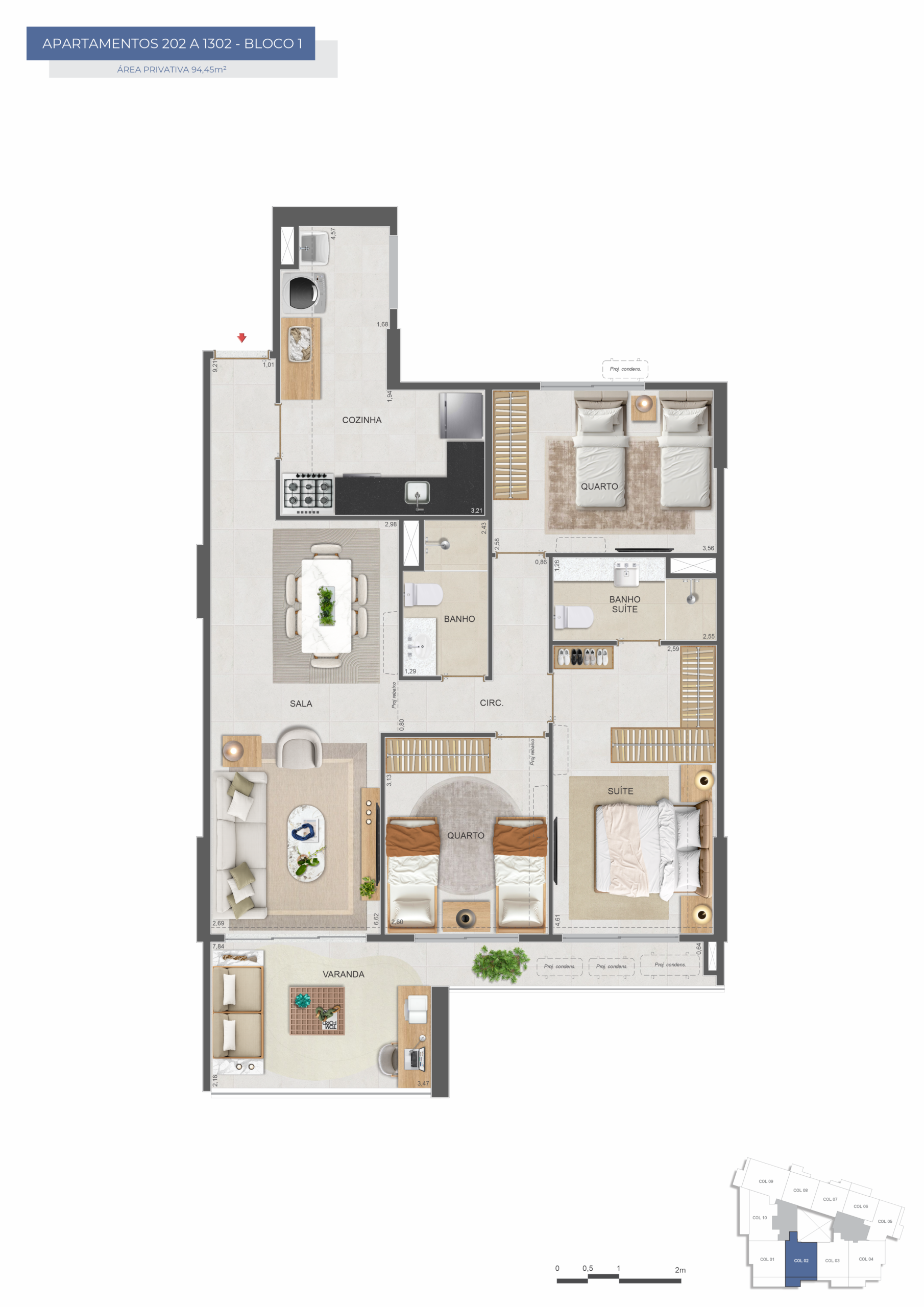 Planta do apartamento de 3 quartos de 94,45 m² do Symphony Flamengo