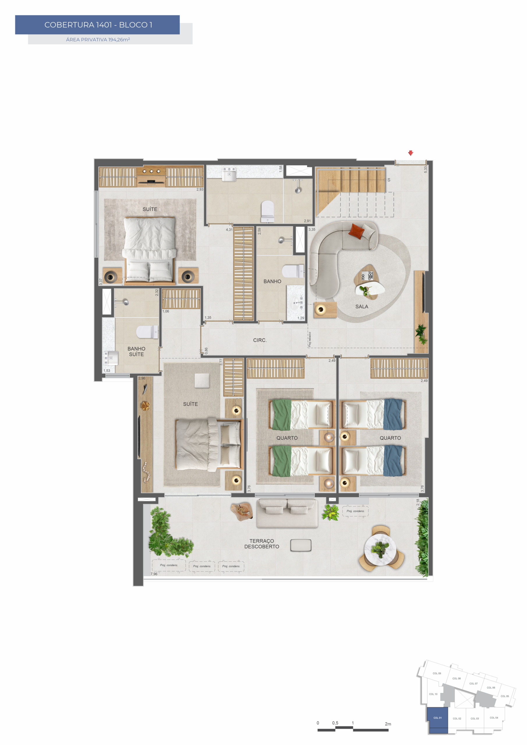 Planta da cobertura duplex de 4 quartos de 194,26 m² do Symphony Flamengo