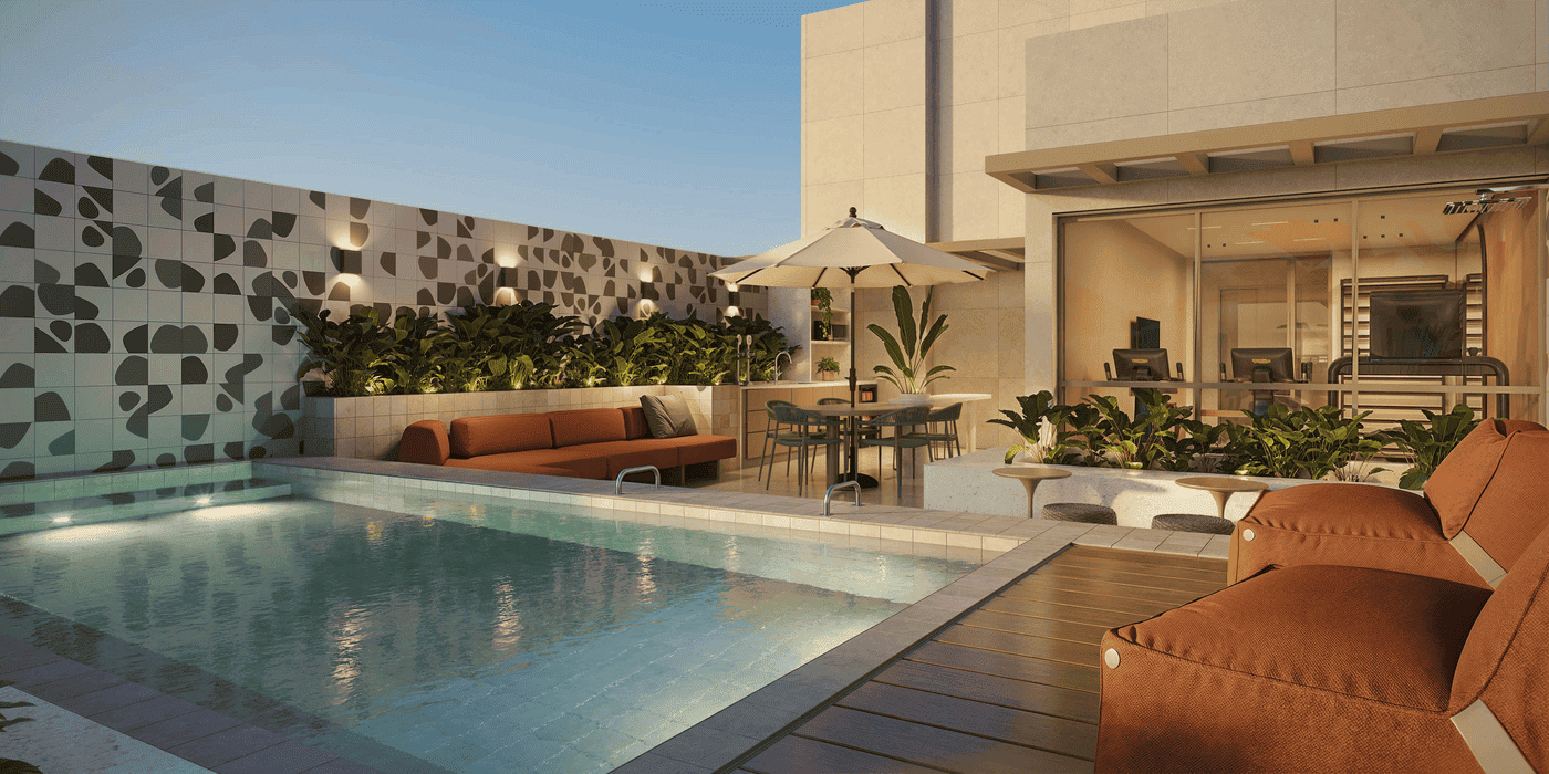 Rooftop do Be.in.Rio com piscina, deck e vista para os morros do Rio de Janeiro